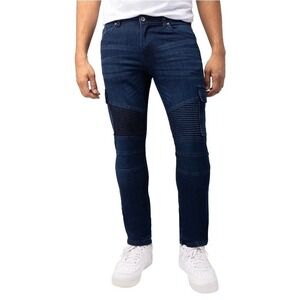 Raw X Mens Slim Fit Moto Cargo Jeans Dark Wash Blue Biker Pants 34x32